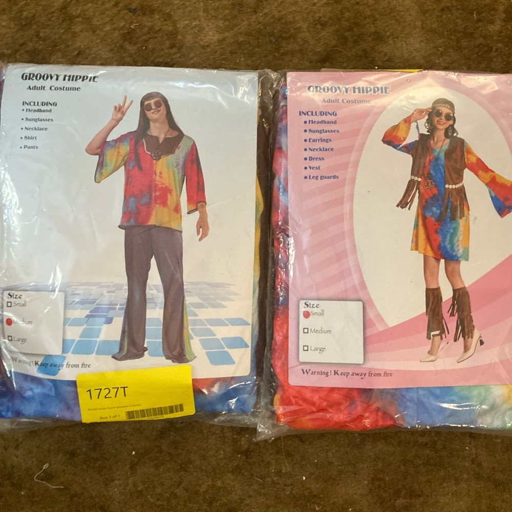 Bundle new in packages, male medium, female small, groovy hippie costumes..